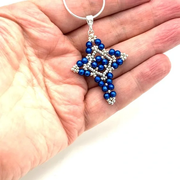 Hand Crafted Blue Pearl Cross Pendant Necklace - Picture 8 of 8